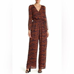 MAAC London Barican Printed Long Sheer Sleeve Jumpsuit. Rust Brown/Navy. Size XS